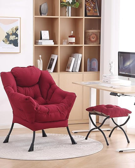 LITA Lazy Chair with Ottoman, Modern Accent Leisure Upholstered Sofa Chair, Contemporary Lounge Reading Chair with Armrests and a Side Pocket for Living Room, Bedroom & Small Space, Burgundy - LeafyLoom