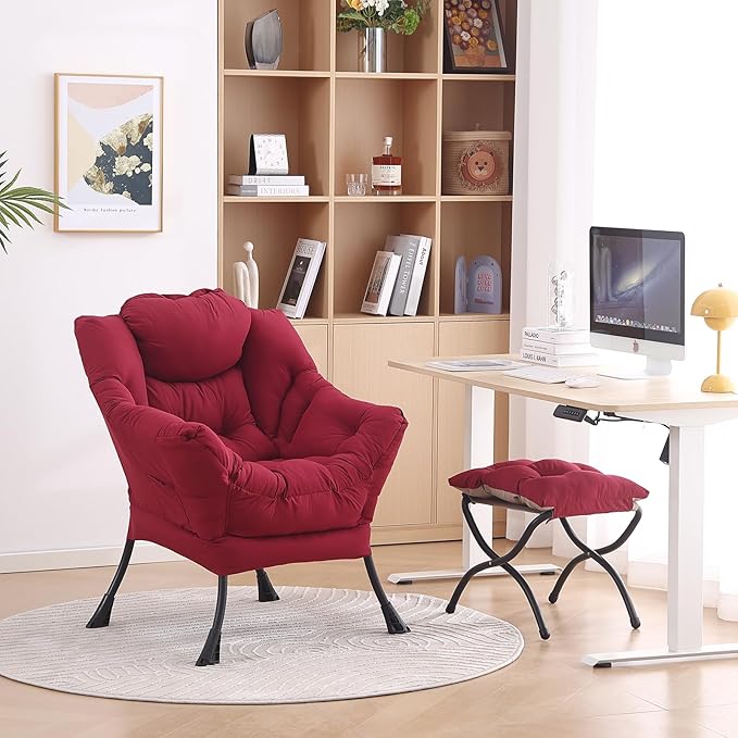 LITA Lazy Chair with Ottoman, Modern Accent Leisure Upholstered Sofa Chair, Contemporary Lounge Reading Chair with Armrests and a Side Pocket for Living Room, Bedroom & Small Space, Burgundy - LeafyLoom