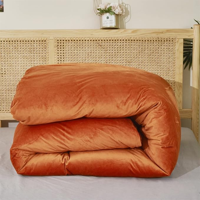 Burnt Orange Color Velvet Comforter Set Cal King Solid Rust Color Flannel Velvet Bedding Comforter Set All Caramel Colour 3 PCs Shaggy Soft Warm and Durable Flannel Blanket Cal King - LeafyLoom