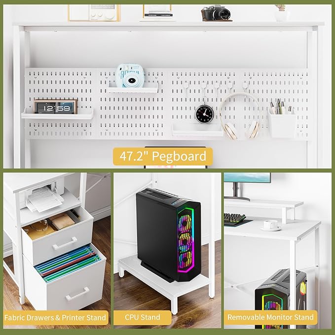 Yoobure L Shaped Desk with Pegboard, Reversible Gaming Desk with LED Lights & Power Outlets, Computer Desk with Drawers & Storage Shelves, Office Desk with Monitor Stand Corner Desk Home Office Desks - LeafyLoom