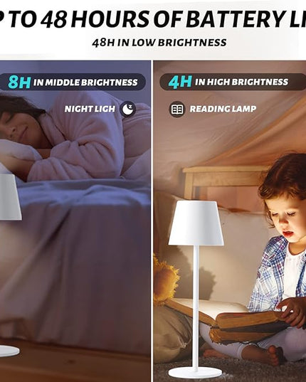 Maksone 2 pack LED Cordless Table Lamp, 6600mWh Rechargeable Battery Desk Lamp, 3000K Stepless Dimming Night Light, IP54 Waterproof Metal Outdoor Portable Lamp for Camping, Restaurant (White) - LeafyLoom