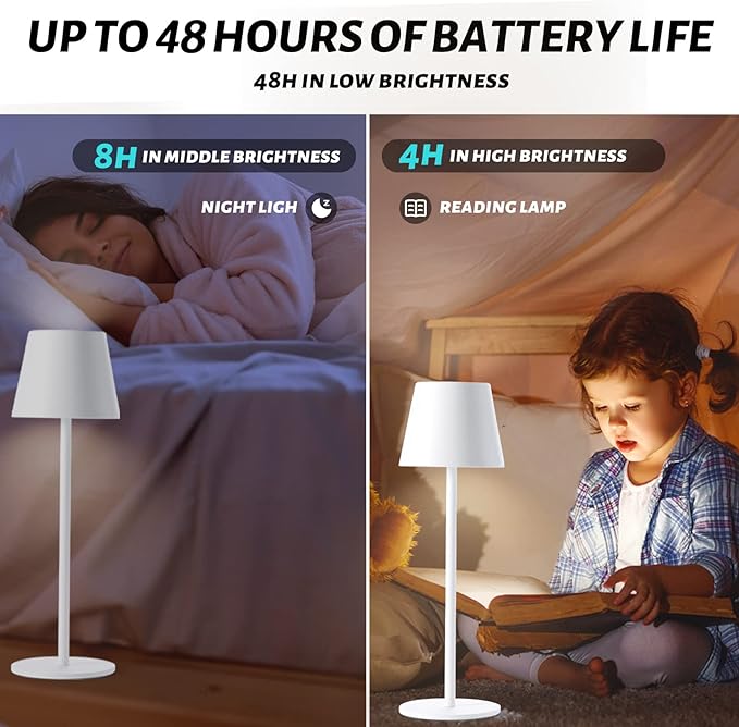 Maksone 2 pack LED Cordless Table Lamp, 6600mWh Rechargeable Battery Desk Lamp, 3000K Stepless Dimming Night Light, IP54 Waterproof Metal Outdoor Portable Lamp for Camping, Restaurant (White) - LeafyLoom