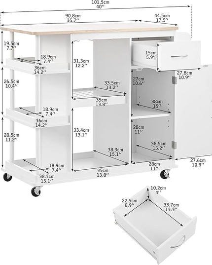 Kitchen Island Cabinet with Side Storage & Rubber Wood Top, Multipurpose Mobile Cart On Wheels w/Wine Rack and Adjustable Shelves for Dining Room, Home, Bar - LeafyLoom