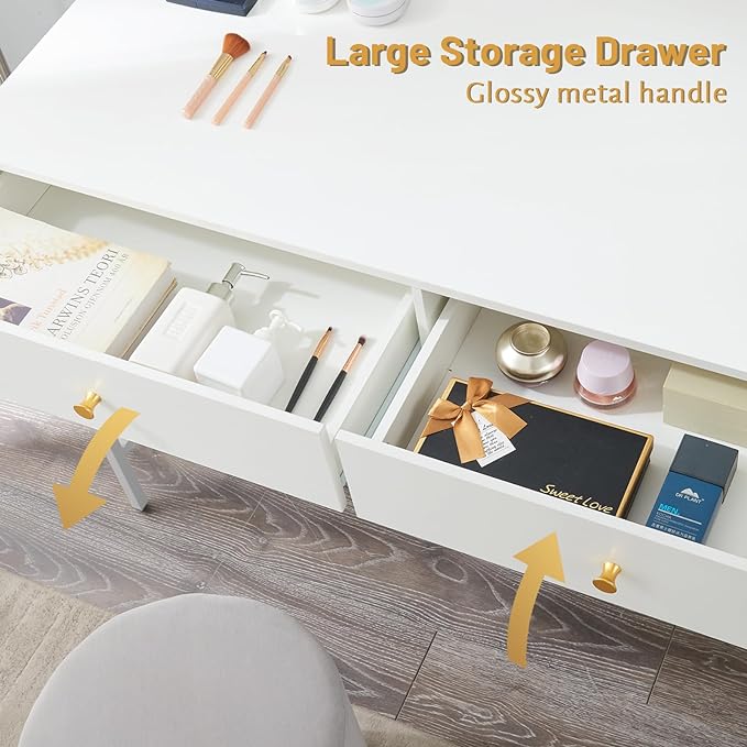 SUPERJARE Vanity Desk with Drawers, 47 inch Computer Desk, Modern Simple Home Office Desks, Makeup Dressing Table for Bedroom - White - LeafyLoom