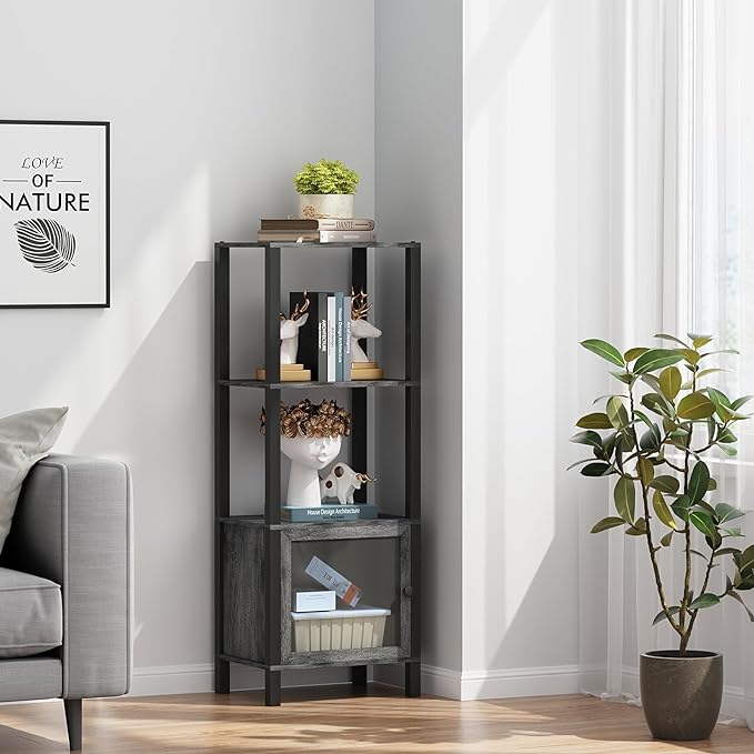 TUTOTAK 4 Tier Bookcase and Bookshelf, Narrow Book shelf with Door for Small Space, for Living Room, Office, Study, Entryway, Charcoal Grey BS03BY004 - LeafyLoom