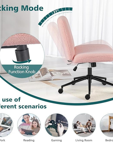 OLIXIS Cross Legged Armless Wide Adjustable Swivel Padded Home Office Desk Chair, Pink with Wheels - LeafyLoom