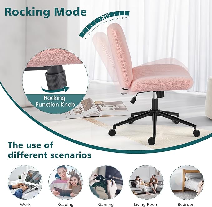 OLIXIS Cross Legged Armless Wide Adjustable Swivel Padded Home Office Desk Chair, Pink with Wheels - LeafyLoom