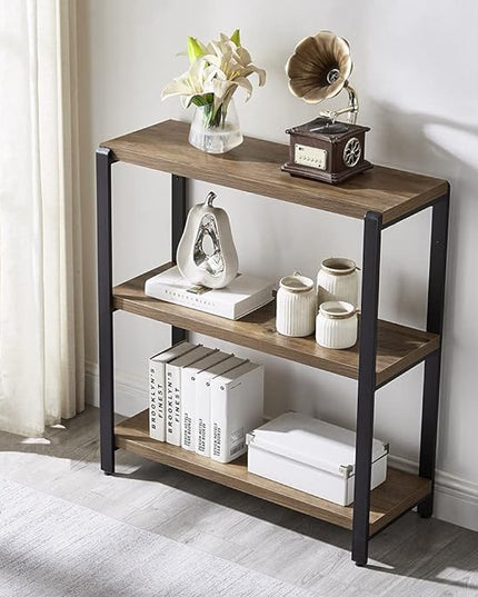 FOLUBAN 3 Tier Bookshelf, Industrial Bookcase and Book Shelves for Bedroom, Rustic Wood and Metal Book Case for Office, Oak - LeafyLoom