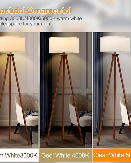 YUNHONG Tripod Floor Lamp, Dimmable Mid Century Floor Lamp Using Premium Flaxen Lamp Shade, Modern Design Standing Lamp with E26 Lamp Base, Wood Tall Floor Lamps for Living Room, Bedroom and Office - LeafyLoom