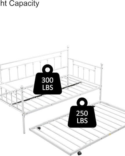 Twin Size Metal-Daybed with Trundle,Heavy-Duty Sturdy Metal,Noise Reduced,Trundle-Bed for Flexible Space,Vintage Style,No Box Spring Needed,for Kids Boys Girls Teens,Light Grey - LeafyLoom