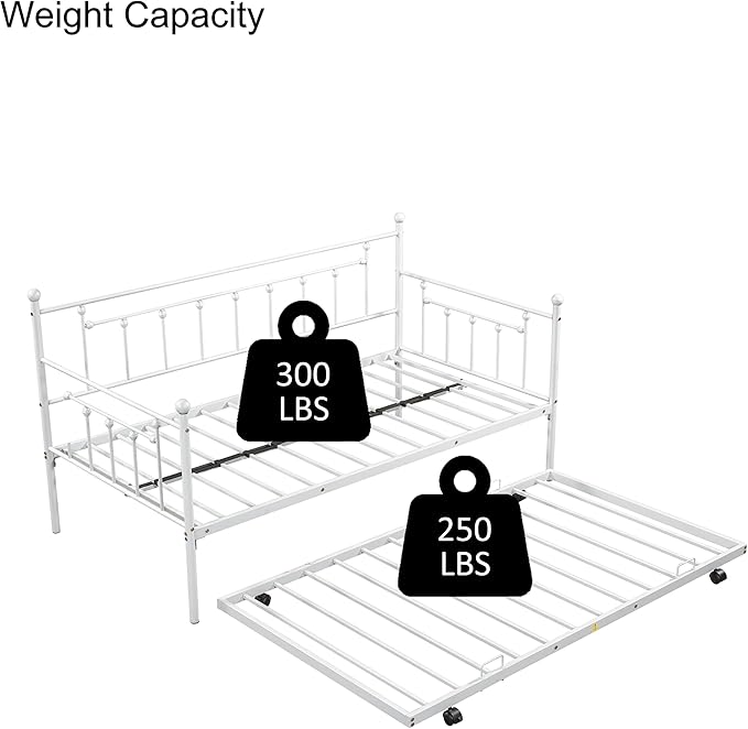 Twin Size Metal-Daybed with Trundle,Heavy-Duty Sturdy Metal,Noise Reduced,Trundle-Bed for Flexible Space,Vintage Style,No Box Spring Needed,for Kids Boys Girls Teens,Light Grey - LeafyLoom