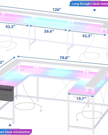 U Shaped Computer Gaming Desk, Reversible L Shaped Desk with Power Outlets, LED Strip & Monitor Stand, Large Corner Desk with Storage Shelves for Home Office, White - LeafyLoom