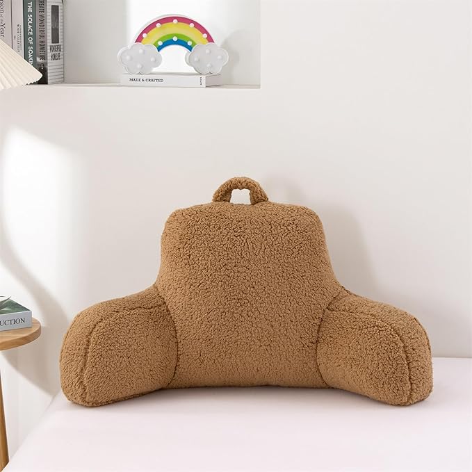 A Nice Night Sherpa Fleece Flannel Reading Pillow Bed Wedge Children Backrest with Arms Back Support for Sitting Up in Bed/Couch,Khaki - LeafyLoom