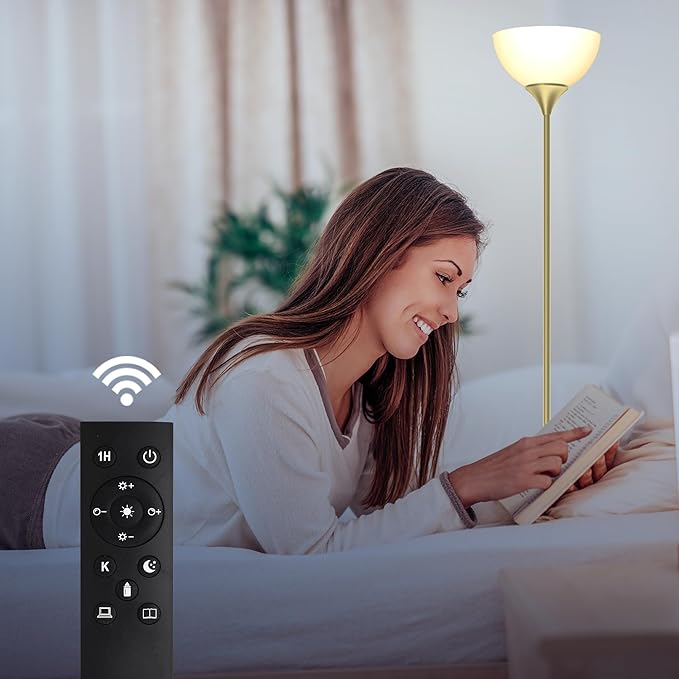 PESRAE Floor Lamp, Remote Control with Stpeless Color Temperatures and Brightness, Torchiere lamp for Bedroom, Living Room, Bulb Included - LeafyLoom