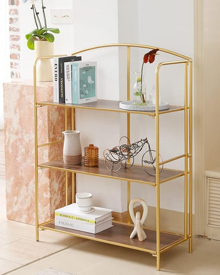 No Assembly Folding Bookshelf, 3 Tier Gold Bookshelf, Metal Book Shelf for Storage, Folding Bookcase for Office Organization and Storage, 12.87" D x 30.9" W x 42.33" H - LeafyLoom