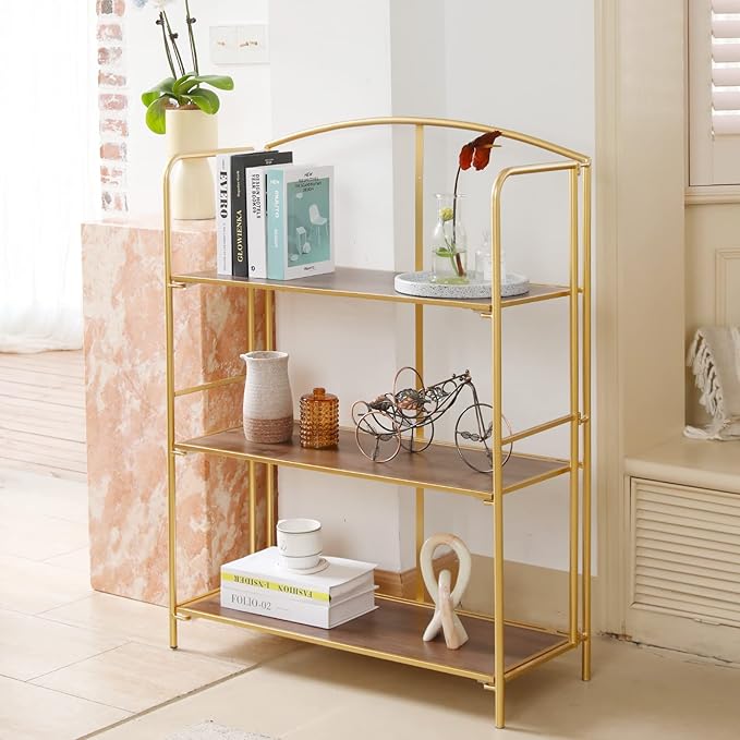 No Assembly Folding Bookshelf, 3 Tier Gold Bookshelf, Metal Book Shelf for Storage, Folding Bookcase for Office Organization and Storage, 12.87" D x 30.9" W x 42.33" H - LeafyLoom