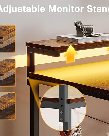 MOTPK Small Computer Desk with Led Lights & Power Outlet, 40 Inch Reversible Writing Desk with Shelves, Kids Desk with Adjustable Monitor Stand & Headphone Hook, Work Desk for Home Office, Brown - LeafyLoom