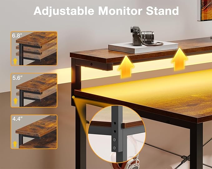 MOTPK Small Computer Desk with Led Lights & Power Outlet, 40 Inch Reversible Writing Desk with Shelves, Kids Desk with Adjustable Monitor Stand & Headphone Hook, Work Desk for Home Office, Brown - LeafyLoom