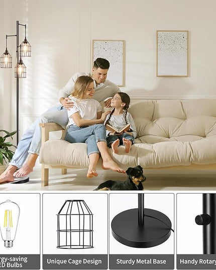 70" Dimmable Floor Lamp for Living Room, Industrial 3-light Tree Floor Lamp Black with Cages, Farmhouse Rustic Tall Standing Lamp Floor Lighting for Bedroom Office, 3 Free LED Edison Bulbs - LeafyLoom