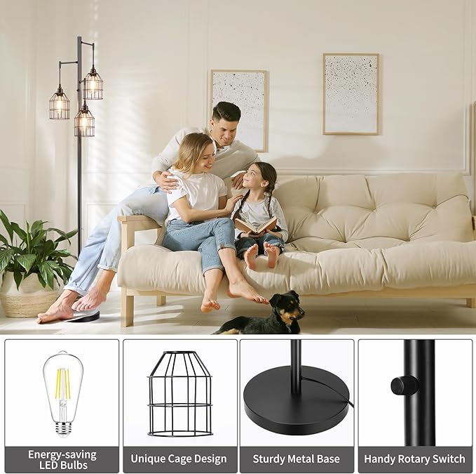 70" Dimmable Floor Lamp for Living Room, Industrial 3-light Tree Floor Lamp Black with Cages, Farmhouse Rustic Tall Standing Lamp Floor Lighting for Bedroom Office, 3 Free LED Edison Bulbs - LeafyLoom