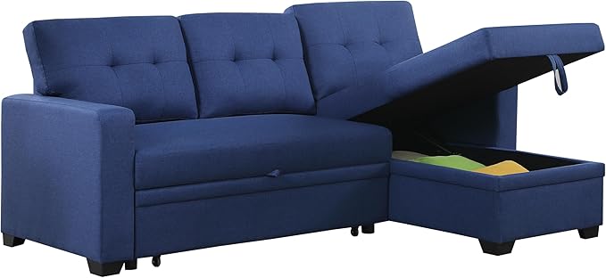 82" Sectional Small Pull Out Bed,L-Shape Upholstered Sleeper Couch W/Storage Chaise,Tufted Backrest Design,3 Seat Linen Convertible Sofas for Living Room Apartment Office,Blue, Blue5 - LeafyLoom