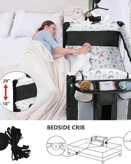 Kinder King 4 in 1 Portable Nursery Center, Foldable Baby Bedside Crib w/Bassinet, Infant Pack n Play Playard Toddler Large Playpen, Newborn Changing Table, Storage Basket, Side Zipper,Multicolour - LeafyLoom