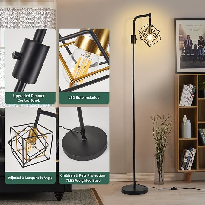 Dimmable Farmhouse Floor Lamp for Living Room, 1 Light Rustic Standing Tall Lamp, Modern Bright Floor Lamp, Industrial Standing Lamp for Bedroom, Tall Pole Lamps Office, LED Bulbs Included. - LeafyLoom