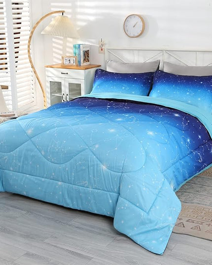 Wowelife Glitter Bedding Set Full Size 5 Pieces Galaxy Comforter Set Blue 3D Galaxy Kids Comforter Sets Lightweight with Comforter, Flat Sheet, Fitted Sheet and 2 Pillowcases - LeafyLoom