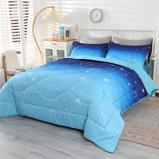 Wowelife Glitter Bedding Set Full Size 5 Pieces Galaxy Comforter Set Blue 3D Galaxy Kids Comforter Sets Lightweight with Comforter, Flat Sheet, Fitted Sheet and 2 Pillowcases - LeafyLoom