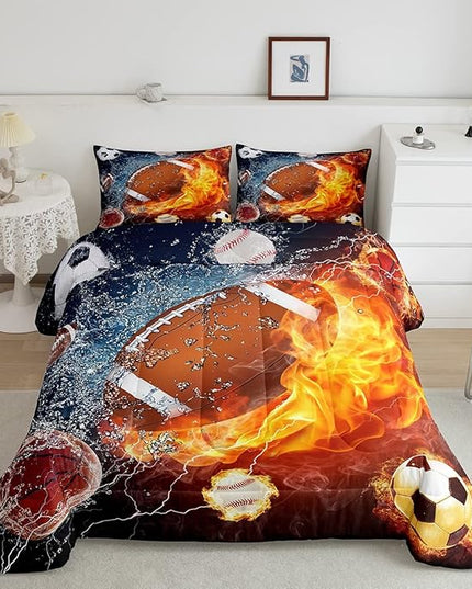 Erosebridal Football Comforter Set King Rugby Sports Bedding Set for Teen Boys Kids,Soccer Basketball Baseball Comforter Red Blue Water Fire Lightning Quilt Duvet Insert Bedroom Decor 2 Pillow Cases - LeafyLoom