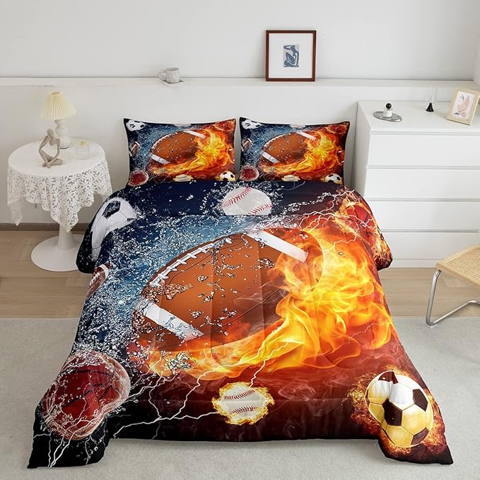 Erosebridal Football Comforter Set Full Rugby Sports Bedding Set for Teen Boys Kids,Soccer Basketball Baseball Comforter Red Blue Water Fire Lightning Quilt Duvet Insert Bedroom Decor 2 Pillow Cases - LeafyLoom