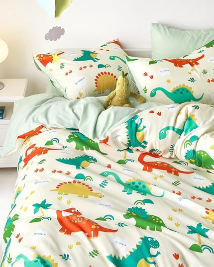 Wake In Cloud - Dinosaur Bedding Set for Boys, Cute Colorful Dinosaur Comforter Set with Sheets, 5 Pieces Kids Bed in a Bag, Cream Green, Twin Size - LeafyLoom