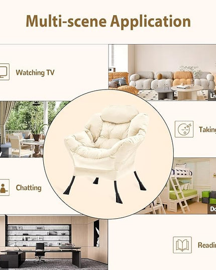 Lazy Chair Thick Padded, Accent Chair Velvet Upholstered with Wide Seat, Stable Metal Frame and Non-Slip Pad, Modern Sofa Armchair with Side Storage Bag for Dorm, Room, Office, Beige - LeafyLoom