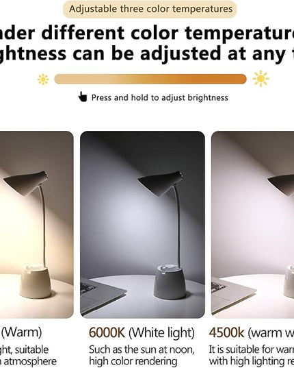 Small Desk Lamp, Kids Desk Lamp with Pen Holder & Mobile Phone Stand, 3 Lighting Modes for Reading Kids Dorm& Mobile Phone Stand for Reading Dorm Home Office (White) - LeafyLoom