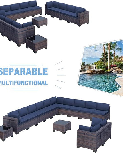 Kullavik 14PCS Outdoor Patio Furniture Set PE Wicker Rattan Sectional Sofa Patio Conversation Sets,Navy blue - LeafyLoom
