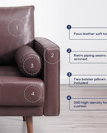 Vonanda Faux Leather Sofa Couch, Mid-Century 73 Inch 3 Seater Leather Couch with Wood Grain Metal Legs and Bolster Pillows for Living Room,Elegant Brown - LeafyLoom