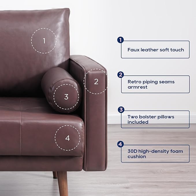 Vonanda Faux Leather Sofa Couch, Mid-Century 73 Inch 3 Seater Leather Couch with Wood Grain Metal Legs and Bolster Pillows for Living Room,Elegant Brown - LeafyLoom