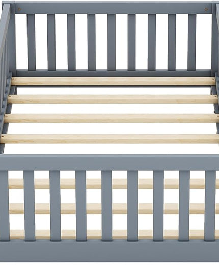 Multifunctional Twin Size Floor Bed with Safety Guardrails and Door, Removable Wood Slats, Montessori Beds Frame for Toddlers, Easy Assembly, for Boys and Girls Room, Gray - LeafyLoom