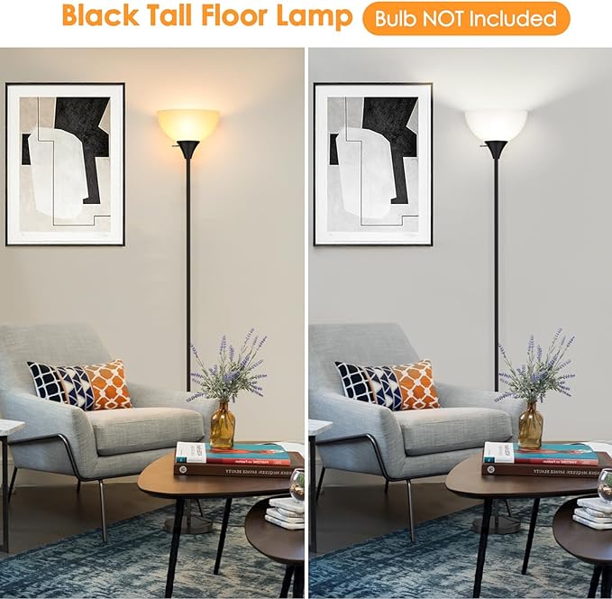 Floor Lamp, LED Standing Lamps with White Plastic Shade, Black Modern Torchiere Floor Lamp, Tall Lamps for Living Room Dorm, Bulb not Included - LeafyLoom