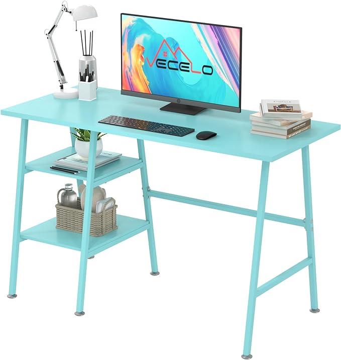 VECELO 43 Inch Home Office Computer Easy to Assemble Simple Table Modern Student Study Desk,Water Proof, Blue+black leg - LeafyLoom