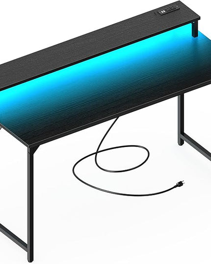 SUPERJARE 55 inch Computer Desk with LED Lights & Power Outlets, Gaming Desk with Monitor Shelf, Small Office Desk for Home & Office, Black - LeafyLoom