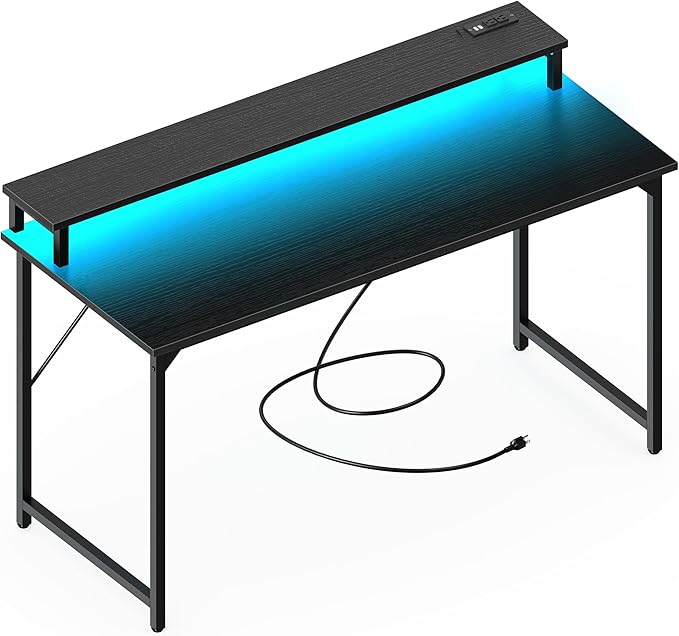 SUPERJARE 55 inch Computer Desk with LED Lights & Power Outlets, Gaming Desk with Monitor Shelf, Small Office Desk for Home & Office, Black - LeafyLoom