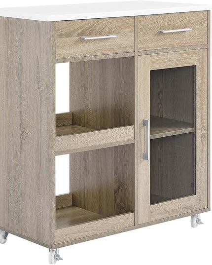 Modway Culinary Rolling Kitchen Cart with Storage in Oak White - 3 Tiers Kitchen Island on Wheels with Spice Rack, Functional as a Coffee Station, Bar Cabinet or Butcher Block Island - LeafyLoom