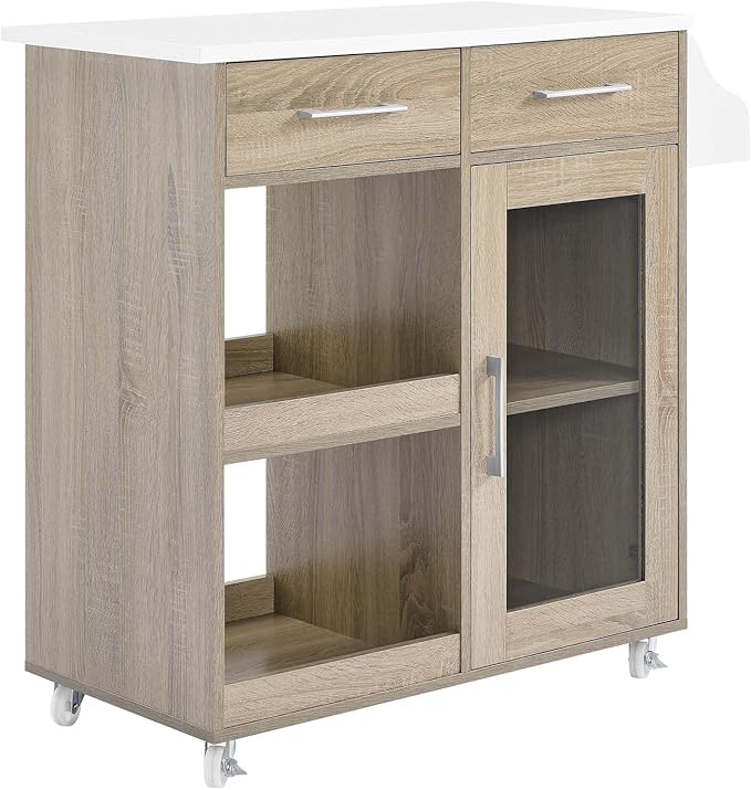Modway Culinary Rolling Kitchen Cart with Storage in Oak White - 3 Tiers Kitchen Island on Wheels with Spice Rack, Functional as a Coffee Station, Bar Cabinet or Butcher Block Island - LeafyLoom