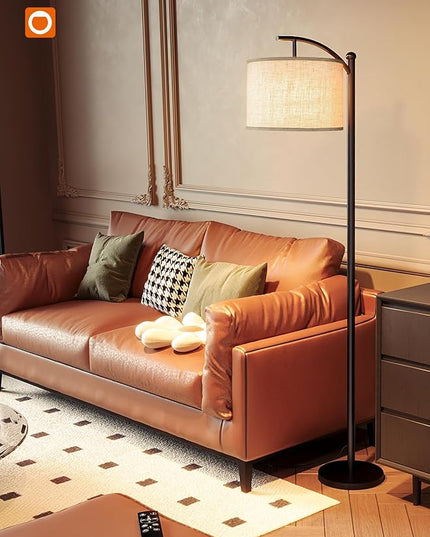 addlon Floor Lamp for Living Room with Remote, Dimmable Standing lamp with Linen lampshade for Bedroom, Office, Lamps with 9W LED Bulb Included - Black with Beige Lampshade - LeafyLoom
