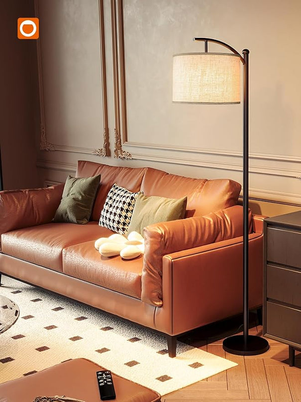 addlon Floor Lamp for Living Room with Remote, Dimmable Standing lamp with Linen lampshade for Bedroom, Office, Lamps with 9W LED Bulb Included - Black with Beige Lampshade - LeafyLoom