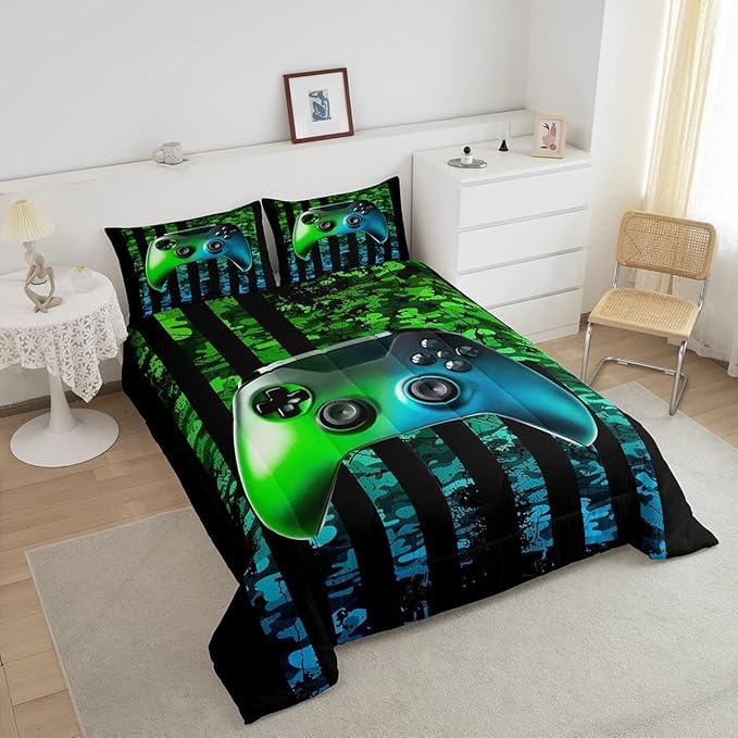 Gamer Comforter Set King Kids Boys Teens USA Flag Stars Down Comforter Gaming Comforter Gamer Room Decor Camo Video Game Bedding Set, Gamepad Console Duvet, Youth Young Man Quilt, Grunge Style - LeafyLoom