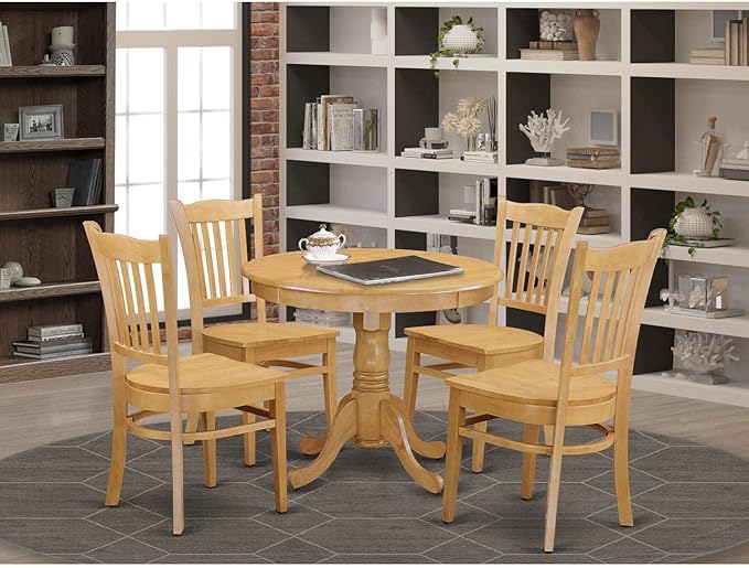 East West Furniture Antique 5 Piece Kitchen Set Includes a Round Room Table with Pedestal and 4 Dining Chairs, 36x36 Inch, Oak - LeafyLoom