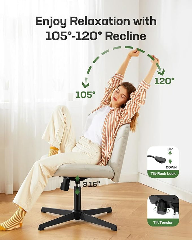 Marsail Cross Legged Office Chair: PU Leather Criss Cross Desk Chair Wide Armless Desk Chair Swivel Height Adjustable Vanity Chair for Make Up,Small Space,Bed Room(Light Beige) - LeafyLoom
