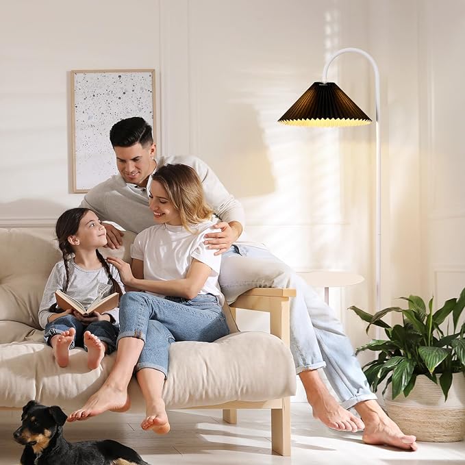 Modern Elegant with Tray Floor Lamp for Office Cafe Den Living Room Bedroom, Foot Switch and White Paint, Black Pleated Cloth Lampshade - LeafyLoom